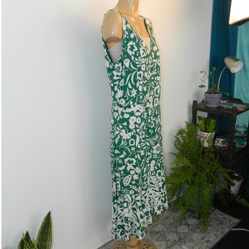 Boden Midi Dress Women 12R Green White Floral Paisley V-Neck Sleeveless Jersey